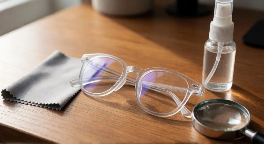 Gafas con lentes rayados sobre mesa de madera con paño de microfibra