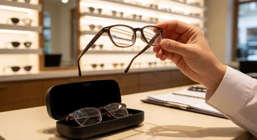 como mejorar mis lentes rayados, Óptico revisando lentes de gafa bajo luz de control en tienda