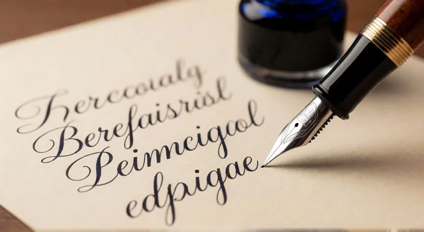 cómo mejorar mis letras, Pluma estilográfica escribiendo letras cursivas uniformes sobre papel crema con textura
