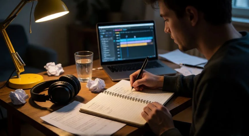 Joven escribiendo letras de rap con bolígrafo en un cuaderno, auriculares sobre el escritorio, luz cálida de lámpara