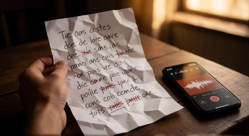 como mejorar mis letras de rap, Manos sosteniendo papel arrugado con letras de rap tachadas y corregidas, móvil grabando audio al lado