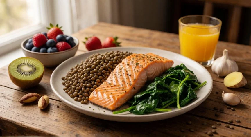 como mejorar mis leucocitos, Plato saludable con salmón, lentejas, bayas y cítricos para mejorar los leucocitos