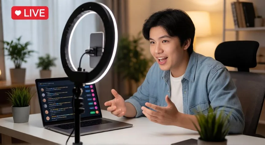 como mejorar mis lives en tiktok, Creador de contenido haciendo un TikTok Live con buena iluminación e interacción con el chat