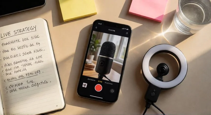 como mejorar mis lives en tiktok, Setup de grabación para TikTok Live con micrófono, trípode y notas de estrategia