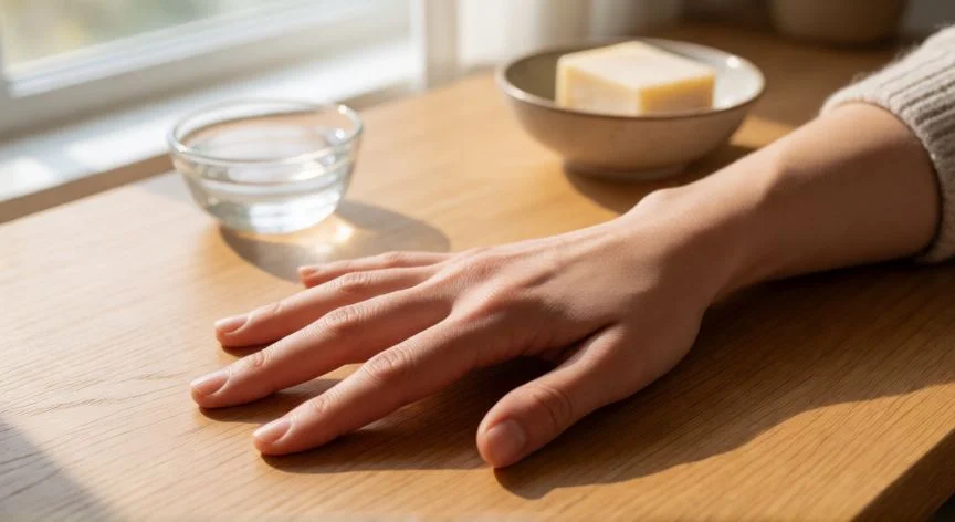 como mejorar mis manos, Manos realizando ejercicio de separación de dedos sobre escritorio de madera