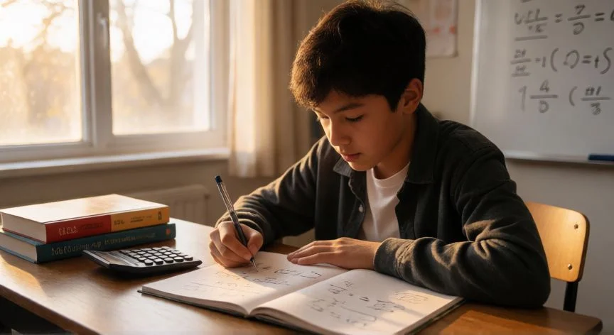 como mejorar mis matematicas, Estudiante practicando ejercicios de matemáticas en su escritorio con libreta y calculadora