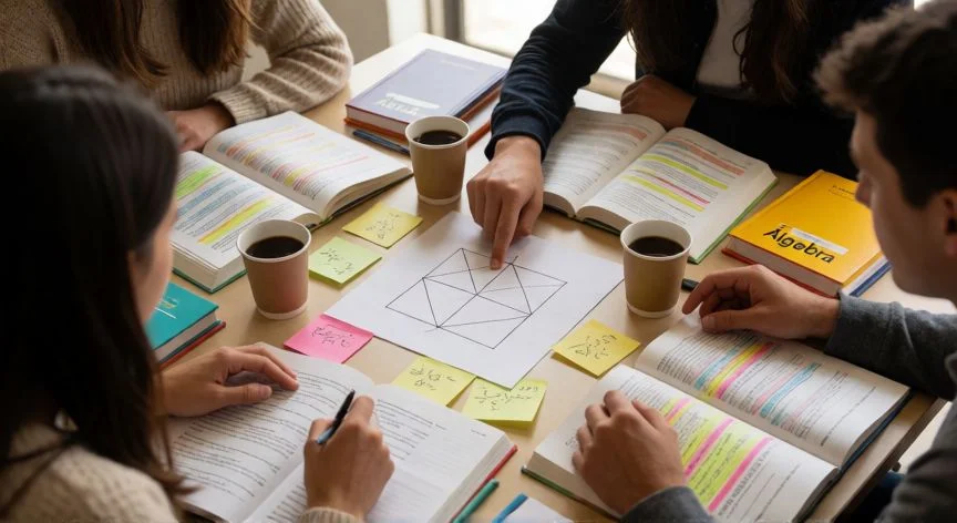 como mejorar mis matematicas, Grupo de estudiantes repasando geometría y álgebra juntos sobre una mesa de estudio