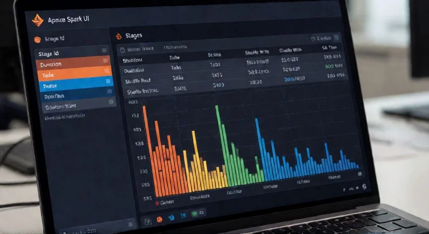 como mejorar mis metricas en spark driver, Interfaz del Spark UI mostrando la pestaña Stages con métricas de shuffle y duración de tareas