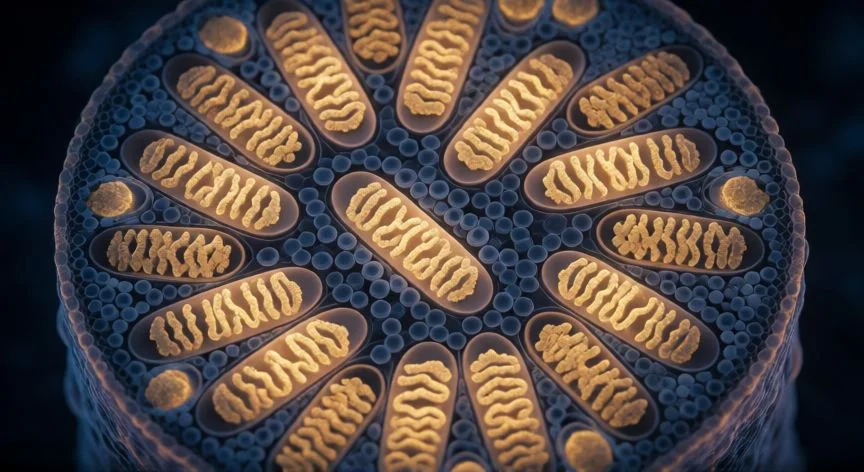 Vista microscópica de mitocondrias sanas en fibra muscular con cristae visibles