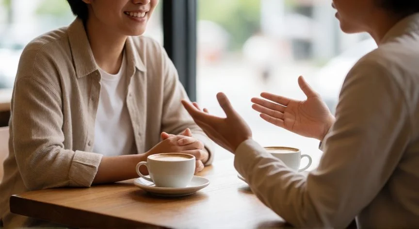 como mejorar mis modales, Dos personas conversando con respeto y escucha activa en una cafetería