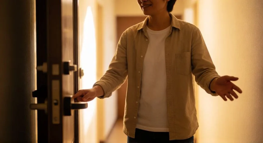 como mejorar mis modales, Persona abriendo la puerta y cediendo el paso con una sonrisa cordial