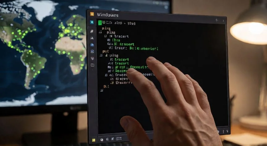 como mejorar mis ms, Diagnóstico de red en Windows mostrando comandos de latencia y mapa de servidores