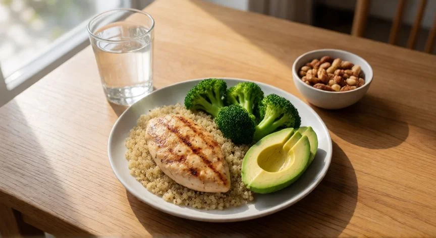 como mejorar mis musculos, Comida equilibrada post-entrenamiento con pollo, quinoa y verduras sobre mesa de madera
