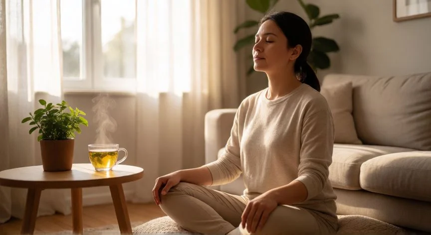 como mejorar mis nervios, Mujer practicando respiración diafragmática en un salón luminoso y tranquilo