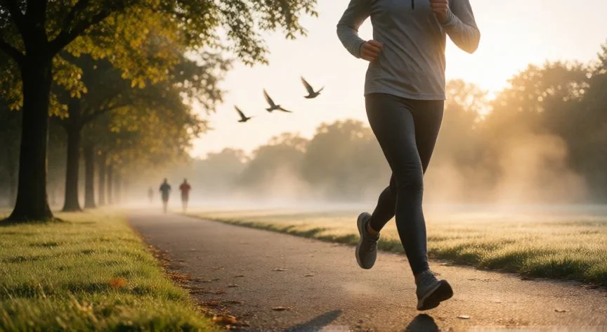 como mejorar mis nervios, Persona corriendo por un parque arbolado al amanecer como hábito anti-nervios