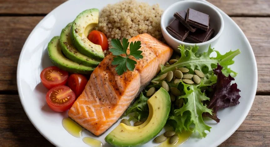 como mejorar mis niveles de progesterona, Plato equilibrado con salmón, aguacate y frutos secos rico en grasas saludables para la síntesis hormonal