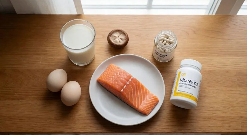 como mejorar mis niveles de vitamina d, Plato de salmón, huevos, leche y suplementos de vitamina D sobre mesa de madera