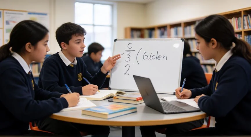 como mejorar mis notas en el colegio, Grupo de estudiantes repasando matemáticas juntos en la biblioteca del colegio