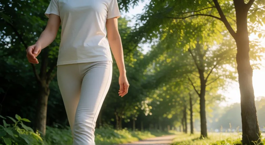 como mejorar mis oidos, Persona haciendo ejercicio al aire libre en un camino arbolado por la mañana