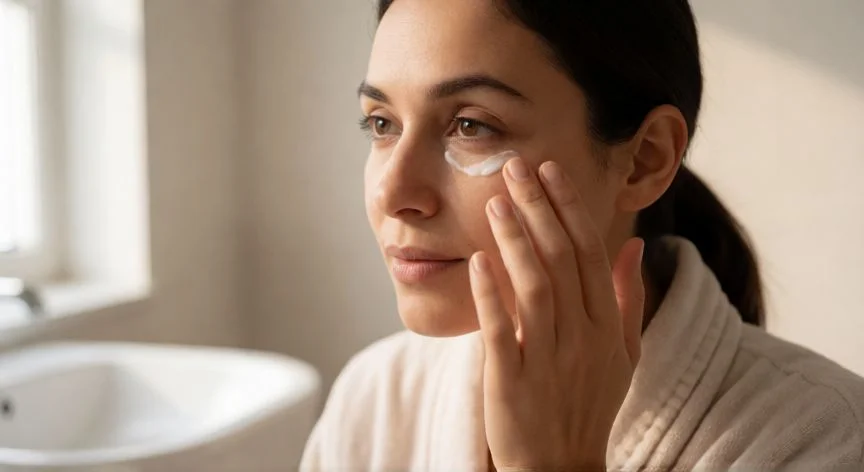 como mejorar mis ojeras, Mujer aplicando crema de contorno de ojos con el dedo anular en un baño luminoso
