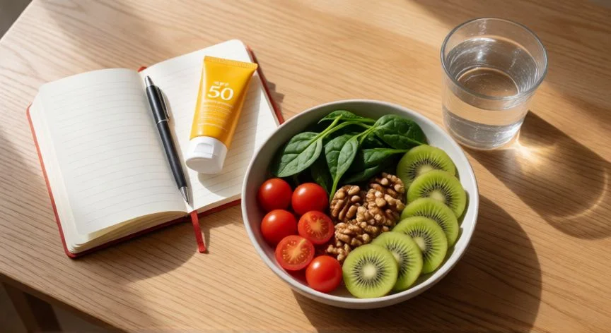 como mejorar mis ojeras, Desayuno saludable con frutas, nueces y kiwi junto a protector solar SPF 50 sobre mesa de madera