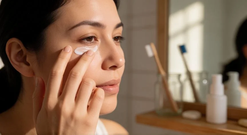 como mejorar mis ojeras hundidas, Mujer aplicando crema para ojeras hundidas en el espejo del baño
