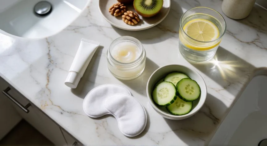 como mejorar mis ojeras y bolsas, Mesa de ritual de cuidado del contorno de ojos con ingredientes naturales y cremas