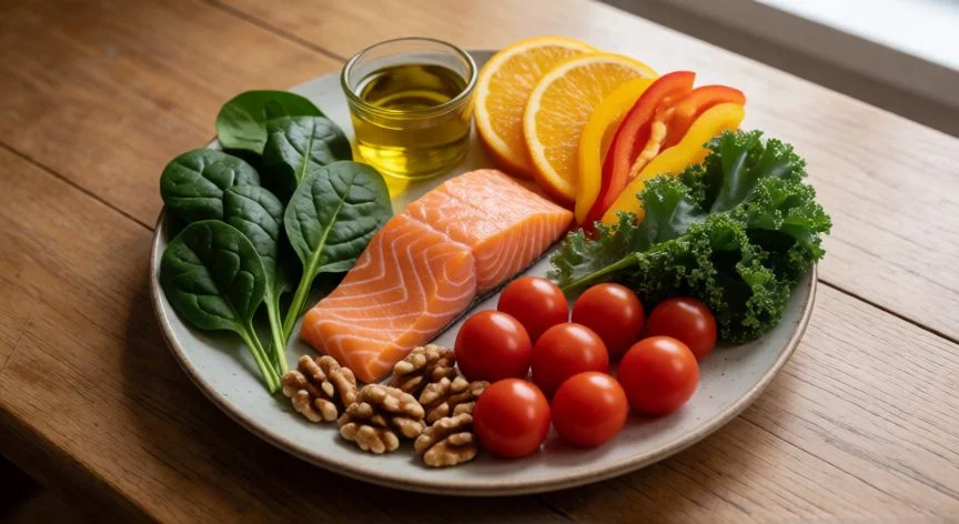 como mejorar mis ojos, Plato de dieta mediterránea con vegetales, pescado azul y frutos secos para la salud ocular