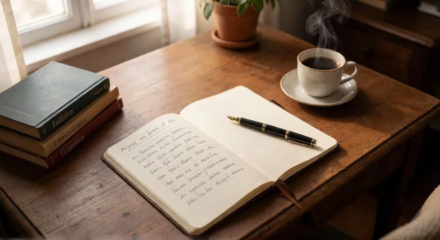 como mejorar mis oraciones, Mesa de escritorio con cuaderno abierto, bolígrafo y libros de gramática para practicar escritura