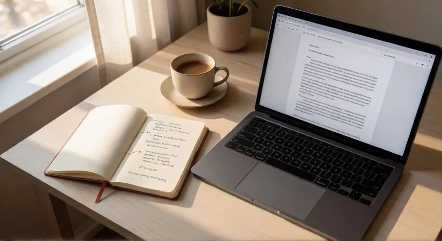 como mejorar mis oraciones jw, Mesa de escritorio con portátil abierto y cuaderno de anotaciones para reescribir textos