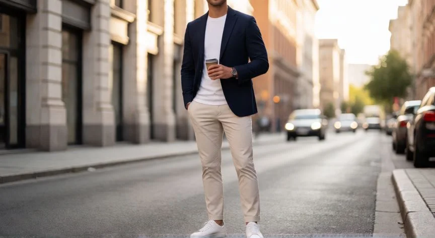 como mejorar mis outfits, Look casual chic con blazer navy, camiseta blanca y chinos en tono neutro