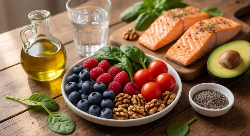 como mejorar mis ovulos, Mesa con alimentación mediterránea rica en antioxidantes para la salud ovárica