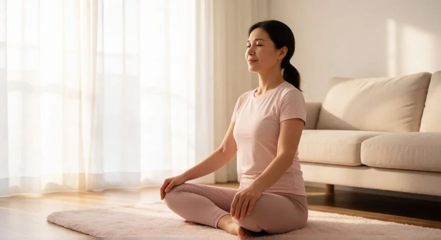 como mejorar mis ovulos, Mujer practicando respiración y relajación para reducir el estrés hormonal