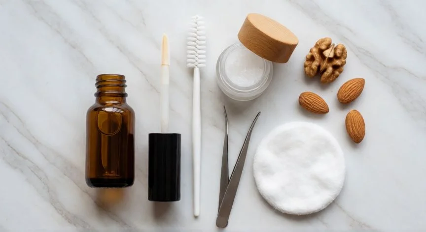 como mejorar mis pestañas, Kit de cuidado de pestañas con serum, peine, aceite de coco y almendras sobre mármol
