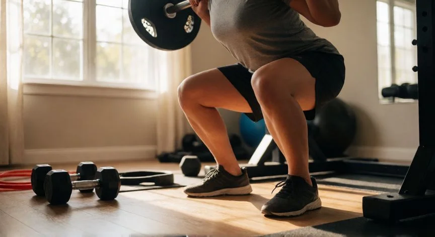 Persona haciendo sentadillas con barra en un gimnasio casero bien iluminado