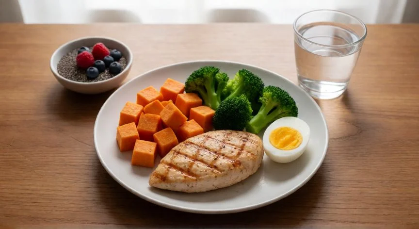 como mejorar mis piernas, Comida equilibrada con pollo, boniato, brócoli y frutos rojos sobre mesa de madera