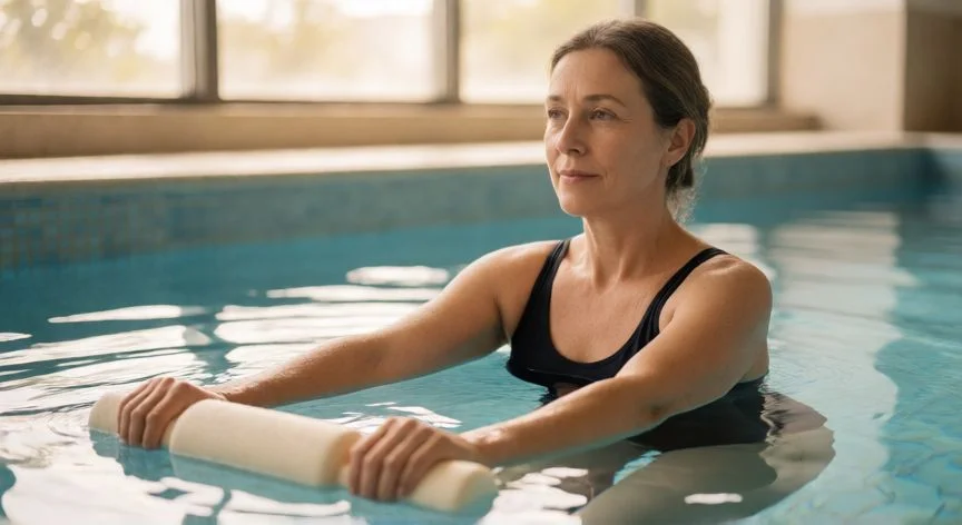 como mejorar mis piernas con lipedema, Mujer realizando ejercicio suave en piscina con medias de compresión para lipedema