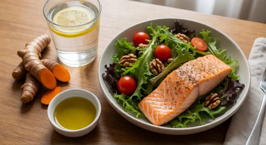 como mejorar mis piernas con lipedema, Comida antiinflamatoria con salmón, verduras y cúrcuma recomendada para lipedema