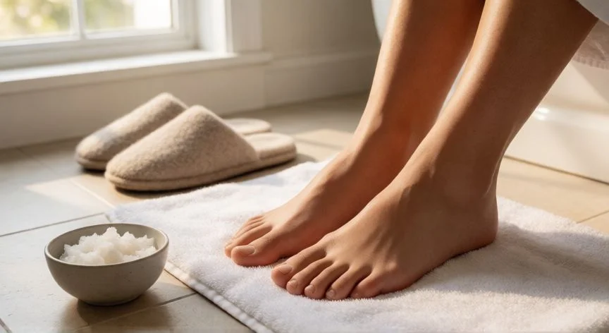 como mejorar mis pies, Pies descansando sobre toalla blanca con aceite de coco y zapatillas de lana al lado
