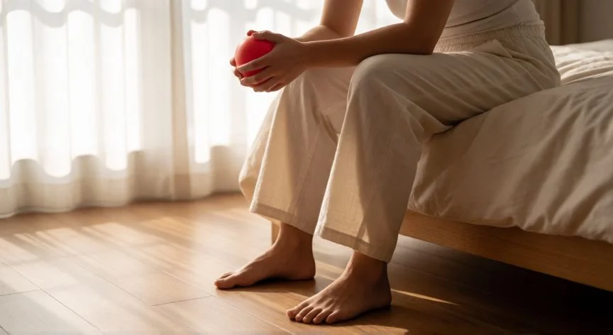 como mejorar mis pies, Persona haciendo ejercicios de dedos del pie con una pelota roja en el borde de la cama
