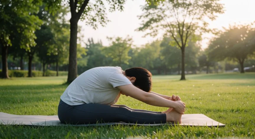 como mejorar mis plaquetas, Persona practicando yoga suave al aire libre como hábito para mejorar la salud sanguínea