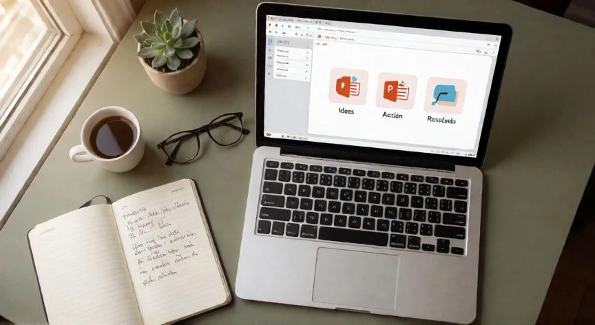 como mejorar mis presentaciones en powerpoint, Mesa de trabajo con portátil mostrando PowerPoint, notas manuscritas y café