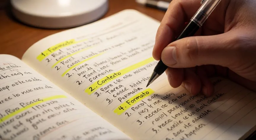 como mejorar mis prompts, Cuaderno con pasos numerados para redactar prompts efectivos sobre escritorio