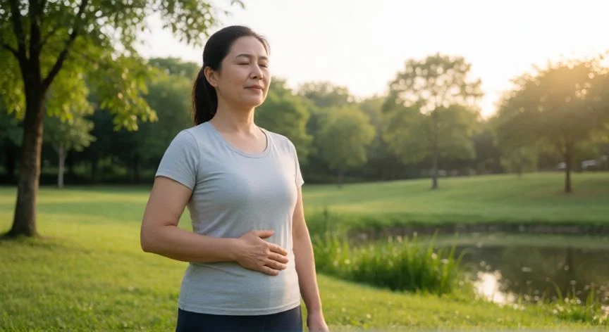 como mejorar mis pulmones, Mujer practicando respiración diafragmática en un parque al amanecer