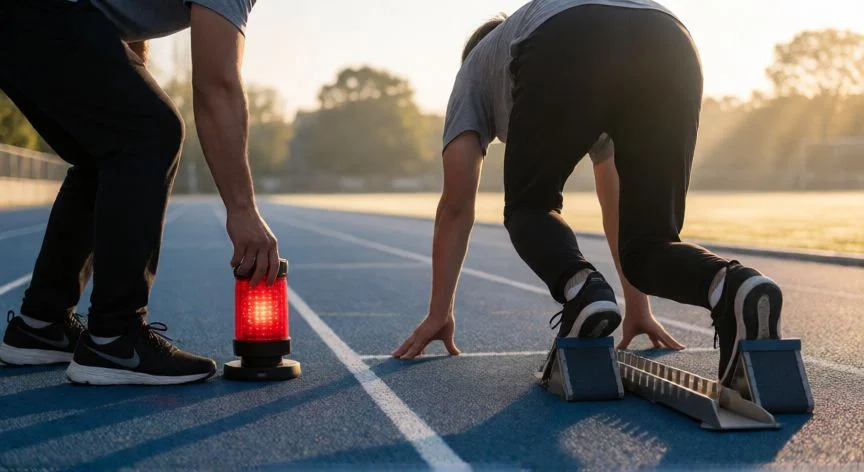 como mejorar mis reflejos, Atleta en bloque de salida esperando la luz verde para un sprint reaccional