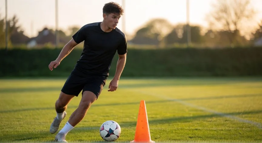 como mejorar mis regates, Jugador de fútbol realizando un regate esquivando un cono con cambio de dirección