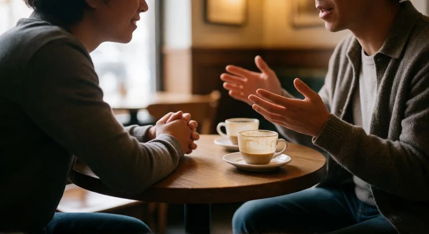 como mejorar mis relaciones interpersonales, Dos amigos en escucha activa durante una conversación en una cafetería
