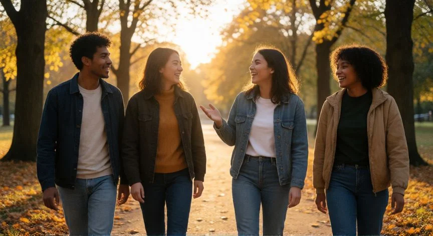 como mejorar mis relaciones interpersonales, Grupo de amigos riendo juntos en un paseo por el parque al atardecer