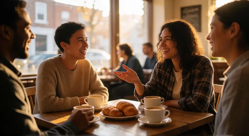 como mejorar mis relaciones sociales, Grupo de amigos conversando y riendo en una cafetería de barrio con luz cálida de tarde