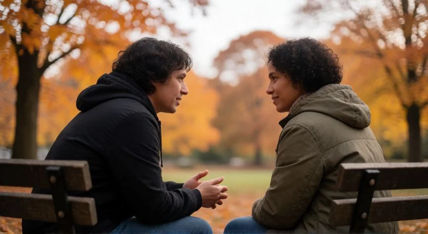 como mejorar mis relaciones sociales, Dos personas en una conversación profunda en un banco de parque otoñal